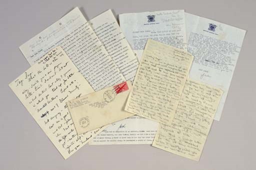 KENNEDY, John F. (1917-1963). One autograph letter signed ("Jack Kennedy"), and two typed letters signed ("Jack"), to Inga Arvad (1913-1973), n.p. [1943-1944]. Together 10 pages, 4to, one on Navy stationery. [With:] KENNEDY, Kathleen ("Kick"). Autograph letter signed ("Kick") to Inga Arvad, 3 July. 7 pages, 4to.