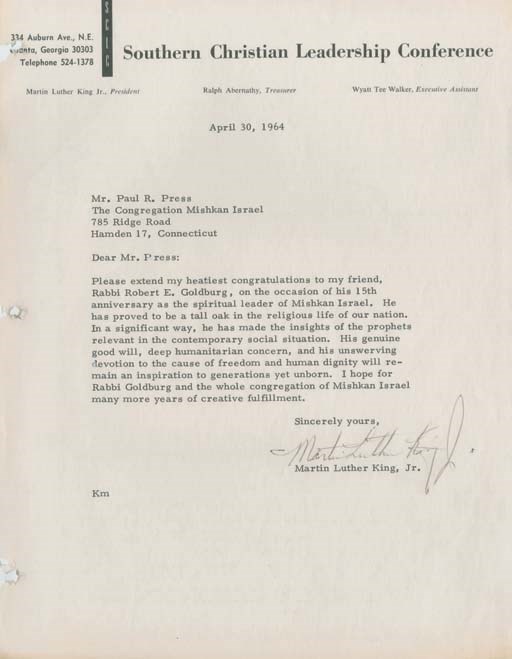 KING, Martin Luther, Jr. (1925-1968), Clergyman, Civil Rights leader. Typed letter signed ("Martin Luther King, Jr."), Atlanta, 30 April 1964. 1 page, 4to, Southern Christian Leadership Conference stationery, three punch holes at left margin.