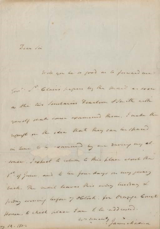 MADISON, James. Autograph letter signed ("James Madison"), as Secretary of State, to Levi Lincoln, 14 May 1802. 1 page, 4to, holes at horizontal; crease expertly repaired from verso, catching a small on of two letters.