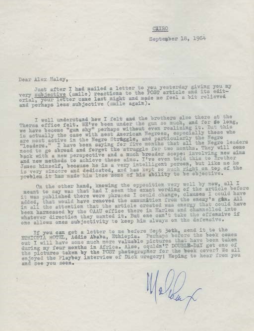 MALCOLM X [LITTLE] (1925-1965), Civil Rights leader. Typed letter signed ("Malcolm X"), to Alex Haley (1921-1992), Cairo, Egypt, 18 September 1964. 1 page, long 4to (carbon).