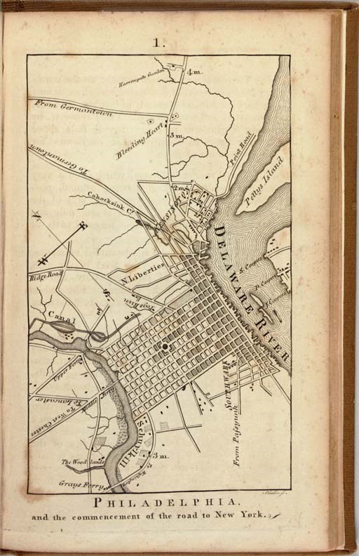 MOORE, S.S. and T.W. JONES. The Traveller's Directory, or a Pocket Companion: Shewing the Course of the Main Road from Philadelphia to New York, and from Philadelphia to Washington. Philadelphia: Mathew Carey, 1802.