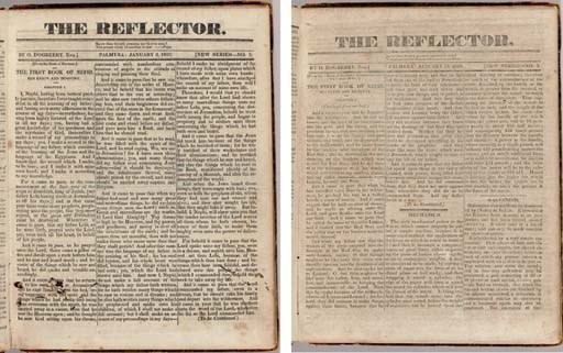 [MORMON]. [Caption title:] "From the Book of Mormon. The First Book of Nephi. His Reign and Ministry." In: The Reflector. New Series, Nos. 2-3. Pp. [9], [17]-19. Palmyra, N.Y., 2-13  January 1830.