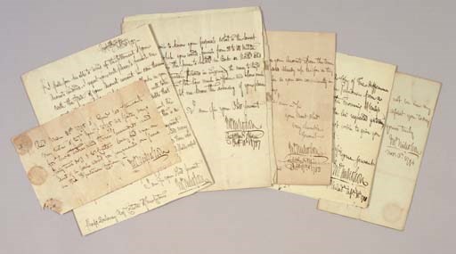 NICHOLSON, John (1757-18000. A collection of 33 autograph letters signed ("Jno. Nicholson") most to either Sharp Delaney or William Sansom, 1786-1795, along with 1 autograph receipt signed and 1 transcribed deed signed. Together 36 pages, 8vo, some with seal holes, generally very good condition.