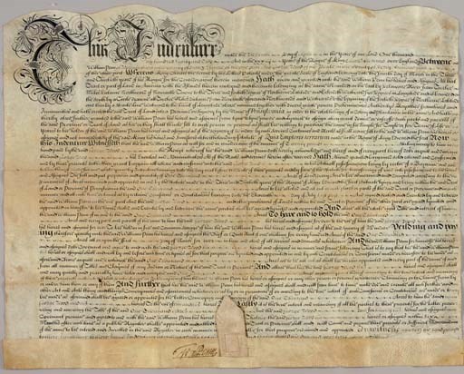PENN, William (1644-1718), Founder of Pennsylvania. Engraved document signed ("WmPenn," with flourish), n.p. [England], 11 April 1682. Very large oblong folio (20¾ x 26 in.), ON FINE PARCHMENT, top edge neatly cut in a  scallop as usual, large opening text ("This Indenture") finely engraved in an ornate copperplate hand with scolling flourishes, text written in an upright court hand, accomplished in a similar hand, boldly signed by the Proprietor of Pennsylvania on the parchment flap at bottom (a fine signature, clear and dark), two tiny holes along one fold. Verso endorsed by Penn's agents Harbart Springett, Benjamin Griffith and Thomas Coxe.