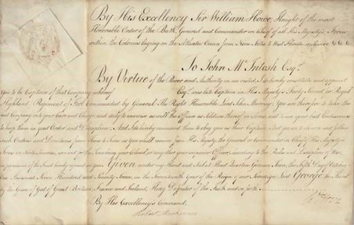 [REVOLUTIONARY WAR]. HOWE, William (1729-1814), British Commander-in-Chief. Manuscript document signed ("Wm. Howe") as British Commander in Chief for North America, countersigned by Robert Mackenzie, German Town [Germantown, Pennsylvania], 5 October 1777. 1 page, oblong 4to (9½ x 14¾ in., integral blank docketed, square papered seal at top left, text in a clear clerical hand. In very fine condition.