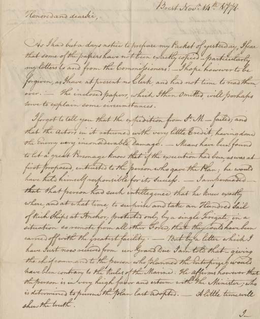[REVOLUTIONARY WAR]. JONES, John Paul (1747-1782). Autograph letter signed TO ROBERT MORRIS, Brest, France, 14 November 1778. 2 pages, 4to, integral blank, on paper watermarked "D. & C. Blau, with Morris's bold endorsement "Brest 14 Novr. 1778  Jno Paul Jones Esqr,  relative to Capt. Simpson." In exceptionally fine, near mint condition.