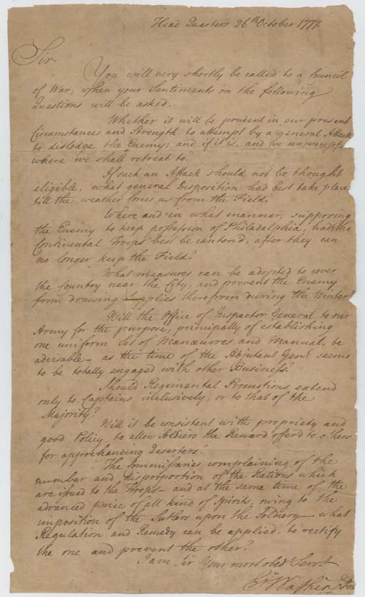WASHINGTON, George. Letter signed ("G:o Washington"), as Commander in Chief, to General James M. Varnum (1748-1789), a circular letter, Head Quarters, 26 October 1777. 1 page, folio, chipped along right edge catching one letter and small portion of final "n" in signature, tape reinforcements on verso.