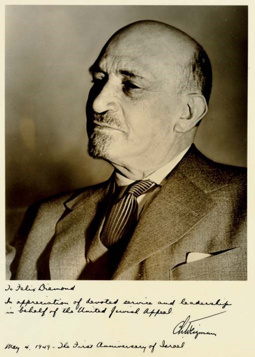 WEIZMANN, Chaim (1874-1952), President of Israel. Large photograph inscribed and signed ("Ch. Weizmann"). 14 x 11in., with margins, inscribed and signed on the lower margin. With accompanying cover letter dated 22 June 1949 from Henry Motor to Felix Diamond enclosing the photo.