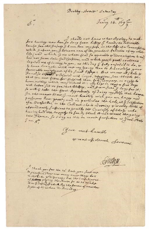 EVELYN, John (1620-1706). Autograph letter signed ('J. Evelyn') to SAMUEL PEPYS, Berkley Street, Saturday, 14 January 1698/9, one page, folio, with integral address leaf, endorsed 'A Le[tte]r of respect' (seal tears to address leaf neatly repaired). Provenance: The Estate of Marjorie Wiggin Prescott, sold Christie's, New York, 6 February 1981, lot 107.
