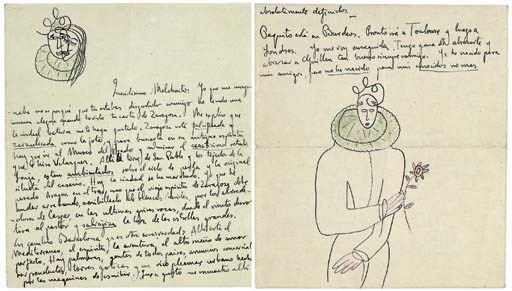 GARCÍIA LORCA, Federico (1899-1936). Autograph letter [an important fragment comprising the address and 4 opening pages but lacking the continuation of (six?) pages and signature] addressed to 'Queridísimo Melchorito' [Melchor Fernández Almagro], n.p. [Granada], n.d. [late January 1926], including two illustrations in pen and ink and crayon of (on the first page) the superimposed heads of Pierrot and a girl, and (on the last page) Pierrot holding a flower, 4 pages, 8vo (162 x 140mm), on a bifolium. Provenance: Collection of Joan B. Cendrós, Barcelona (in 1967).