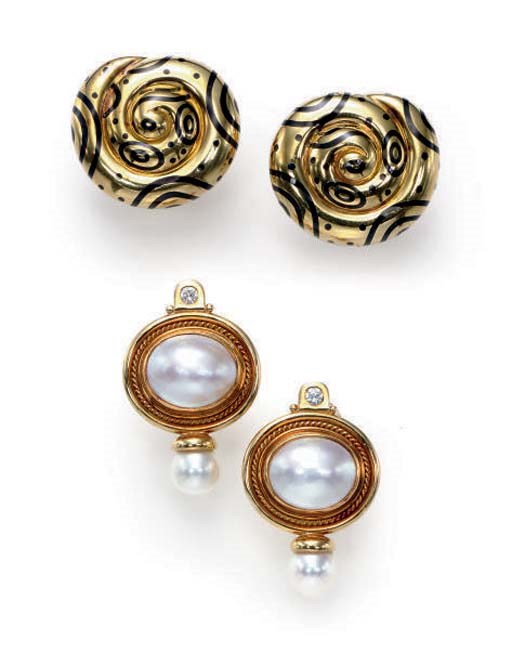 A GROUP OF CULTURED PEARL, DIAMOND, ENAMEL AND 18K GOLD EAR CLIPS, BY ELIZABETH GAGE