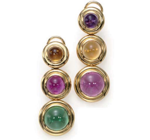 A PAIR OF MULTI-GEM AND 18K GOLD EAR PENDANTS, BY PALOMA PICASSO, TIFFANY & CO.