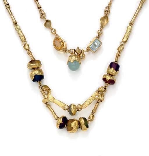 A PAIR OF MULTI-GEM AND 18K GOLD NECKLACES, BY MISANI
