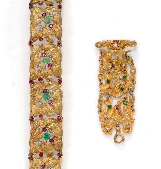A SET OF ANTIQUE MULTI-GEM AND GOLD REPOUSSE JEWELRY