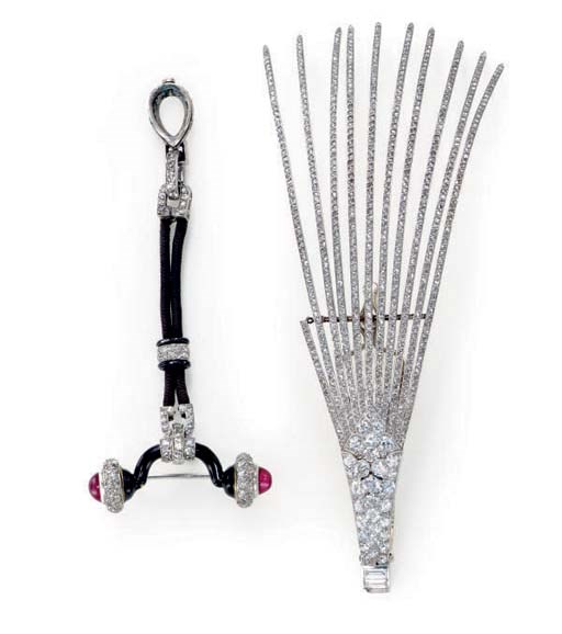 A GROUP OF DIAMOND, RUBY, ENAMEL AND PLATINUM JEWELRY