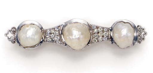 A BELLE EPOQUE BAROQUE PEARL, DIAMOND AND PLATINUM BROOCH, BY MARCUS & CO.