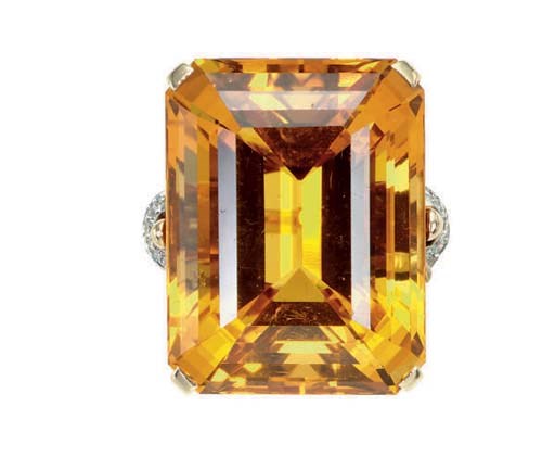 A RETRO CITRINE, DIAMOND AND 14K GOLD RING, BY MARCUS & CO.