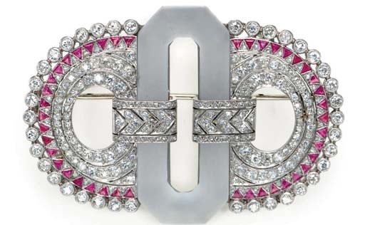 A ROCK CRYSTAL, DIAMOND, RUBY, AND PLATINUM BROOCH