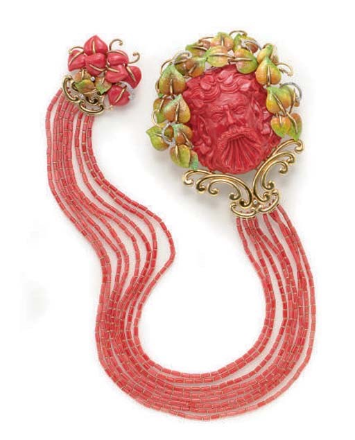 **A CORAL, ENAMEL, DIAMOND, AND 18K GOLD DOUBLE BROOCH, BY G.ONORATO
