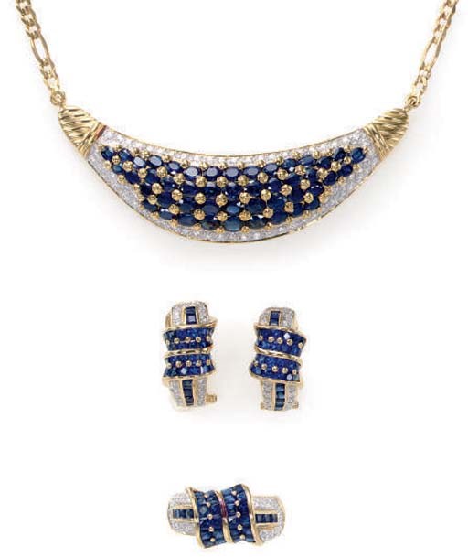 A SET OF SAPPHIRE, DIAMOND AND 18K GOLD JEWELRY