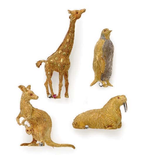 A GROUP OF RUBY, DIAMOND AND GOLD ANIMAL BROOCHES