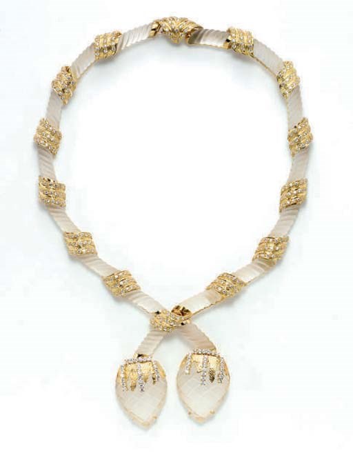 A ROCK CRYSTAL, DIAMOND AND GOLD PENDANT NECKLACE, BY ZADORA