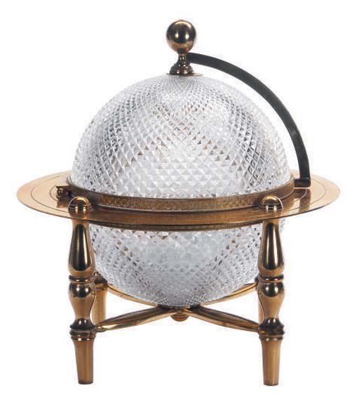 A CONTINENTAL GILT BRONZE AND CUT-GLASS CAVIAR SERVING BOWL WITH HINGED COVER,