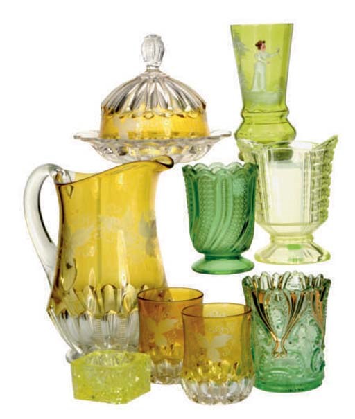 AN AMERICAN FLASHED AND PRESSED GLASS BUTTER DISH, PITCHER AND TWO TUMBLERS,