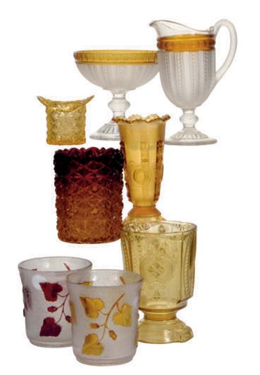 A GROUP OF AMERICAN FLASHED AND AMBER PRESSED GLASS TABLE ARTICLES,