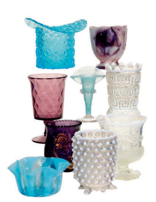 A GROUP OF BLUE AND AMETHYST AMERICAN PRESSED GLASS,
