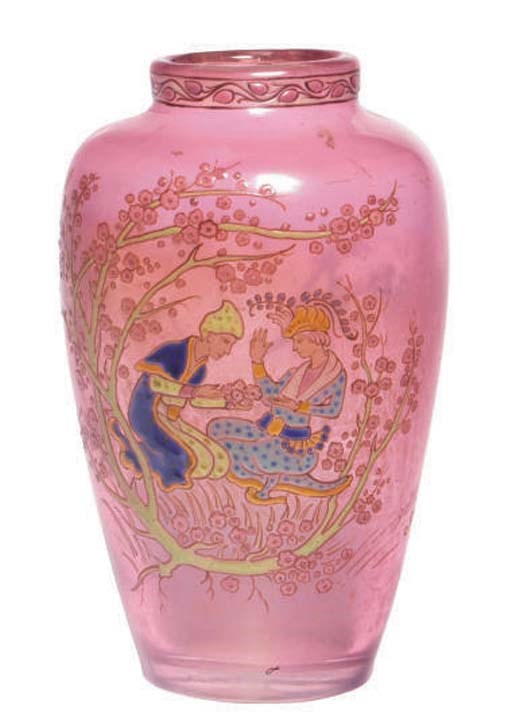 A FRENCH ENAMELED GLASS VASE,