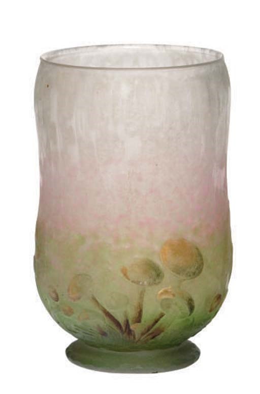 A FRENCH ENAMELED GLASS VASE WITH MUSHROOM MOTIF,