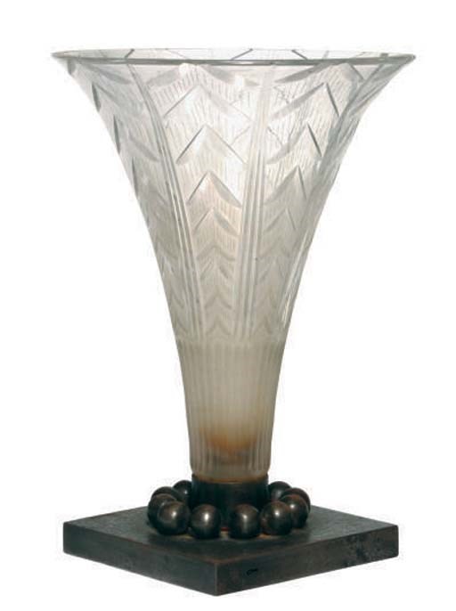 A FRENCH WROUGHT-IRON AND GLASS SPILL VASE,