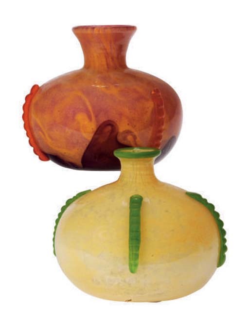 TWO FRENCH GLASS VASES WITH APPLIED DECORATION,