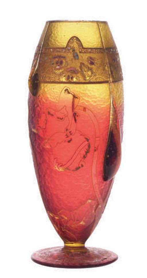A FRENCH GILT CAMEO GLASS VASE WITH APPLIED DECORATION,