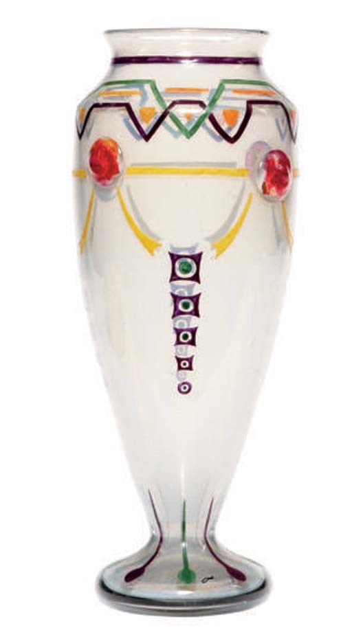 A FRENCH ENAMELED GLASS VASE WITH APPLIED DECORATION,