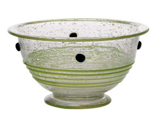 A FRENCH GLASS FOOTED BOWL WITH APPLIED DECORATION,