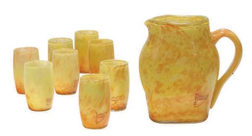 A FRENCH MOTTLED GLASS LEMONADE SET,