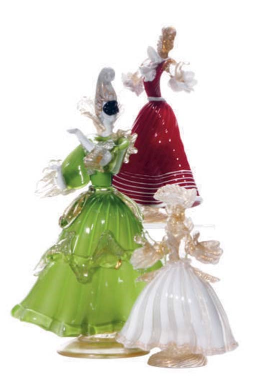 FIVE ITALIAN GLASS FIGURES OF WOMEN IN EIGHTEENTH CENTURY COSTUMES,