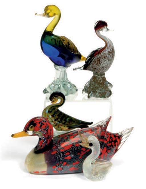 A GROUP OF SIX GLASS MODELS OF DUCKS,