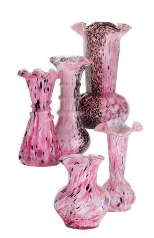 A GROUP OF NINE SPATTER GLASS VASES,