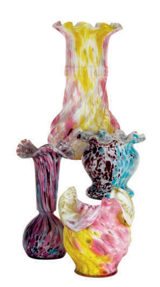 A GROUP OF NINE SPATTER GLASS VASES,