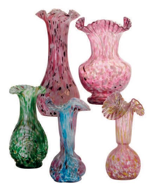A GROUP OF ELEVEN SPATTER GLASS VASES,