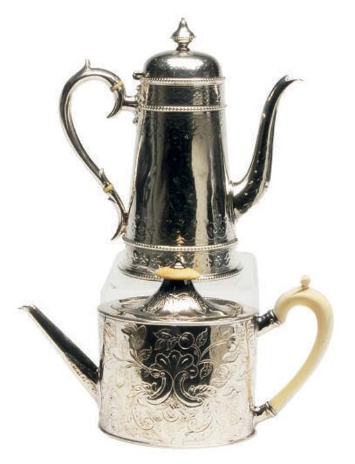 A GEORGE III SILVER TEAPOT WITH HINGED COVER AND A VICTORIAN SILVER COFFEE POT WITH HINGED COVER**,