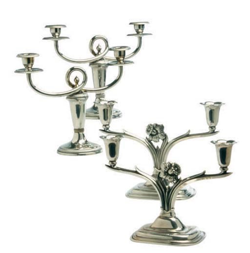 TWO PAIRS OF CONTINENTAL SILVER-PLATED TWO-LIGHT CANDELABRA,