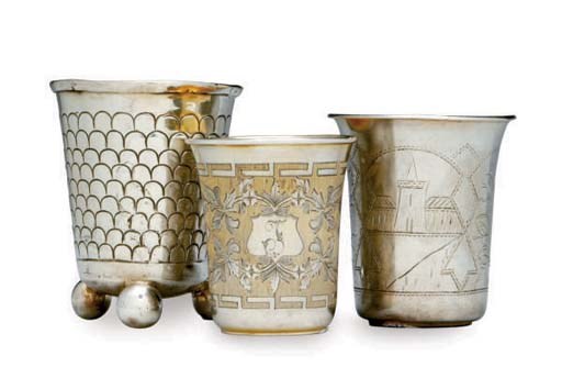 TWO RUSSIAN SILVER BEAKERS AND A CONTINENTAL BEAKER,