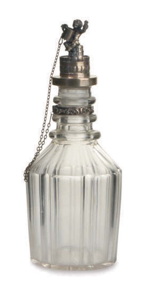 A RUSSIAN SILVER-MOUNTED GLASS DECANTER AND STOPPER,