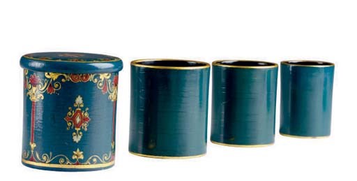 A RUSSIAN LACQUER PAPIER MACHE NESTING CYLINDRICAL BOX AND COVER,