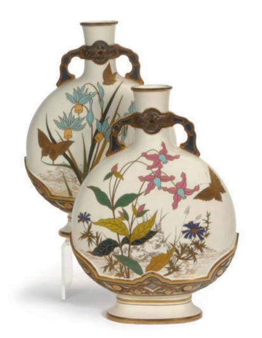 TWO ENGLISH PORCELAIN TWO-HANDLED IVORYWARE MOON FLASKS,