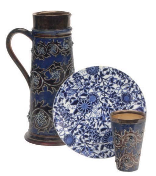 AN ENGLISH SILVER-MOUNTED ENAMELED STONEWARE PITCHER AND TWO BEAKERS,